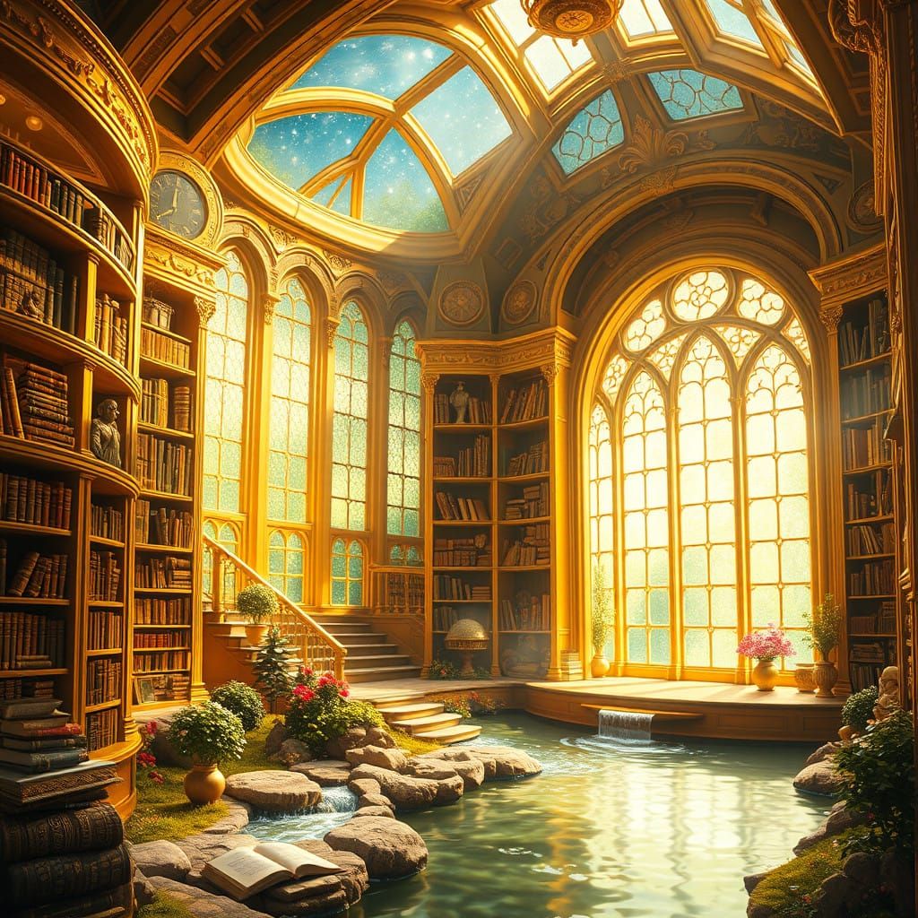 Golden Fantasy Library Under Starry Skies