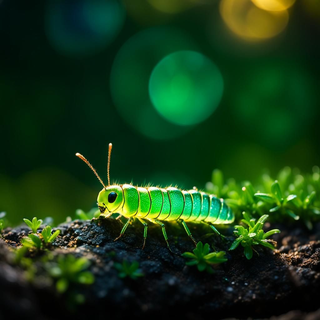 Glowing Glow Worm in Natural Light Bokeh