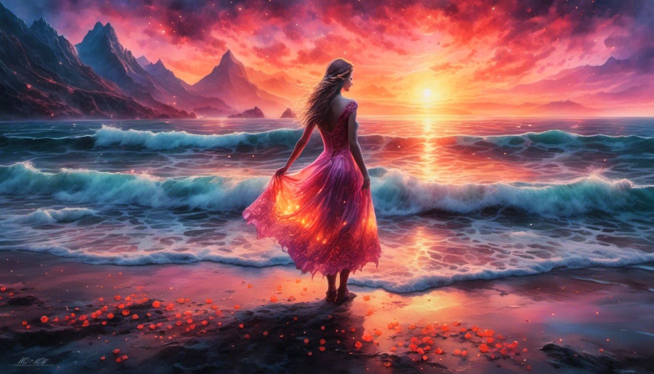 Watercolor Woman on Beach at Sunset