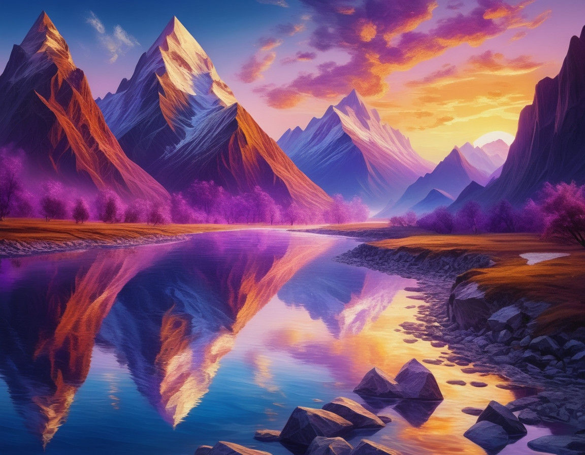 Regal Amethyst Mountain Landscape at Sunset