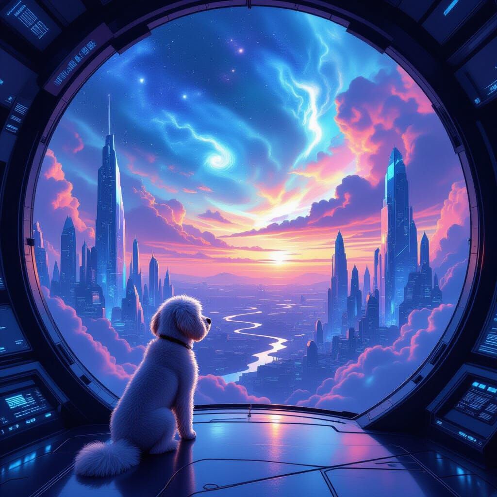 Labradoodle Gazes at Bioluminescent Alien City at Dusk