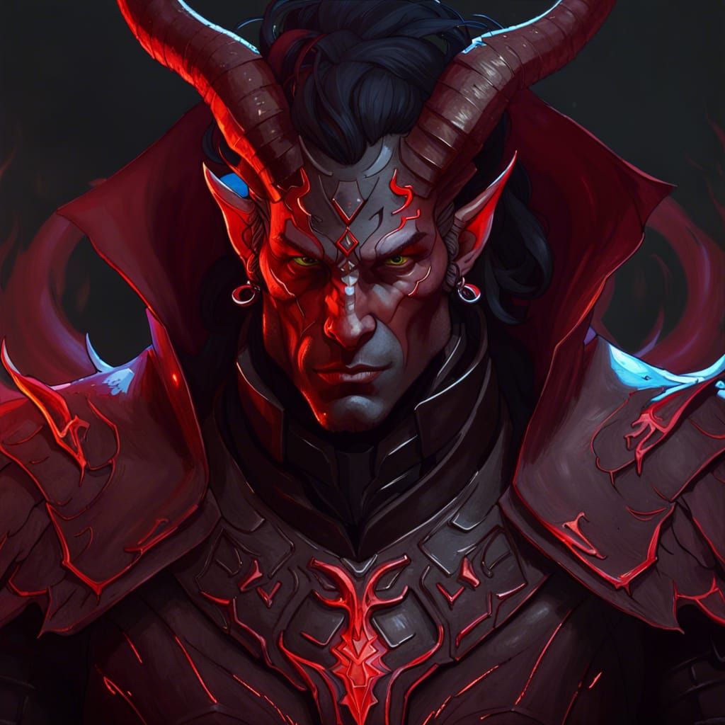 Intimidating Tiefling Warrior Portrait in Dark Armor