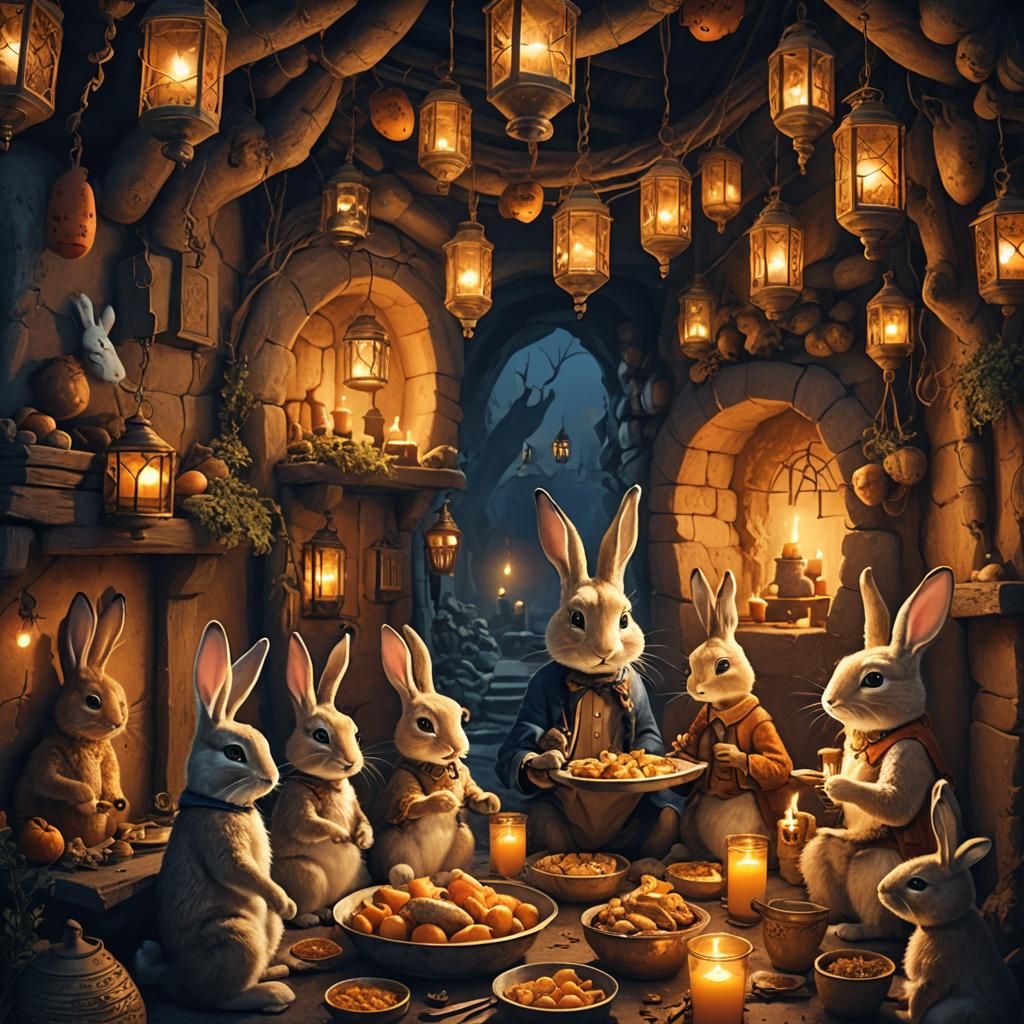 Cozy Burrow Dinner: Anthropomorphic Rabbits in Candlelight