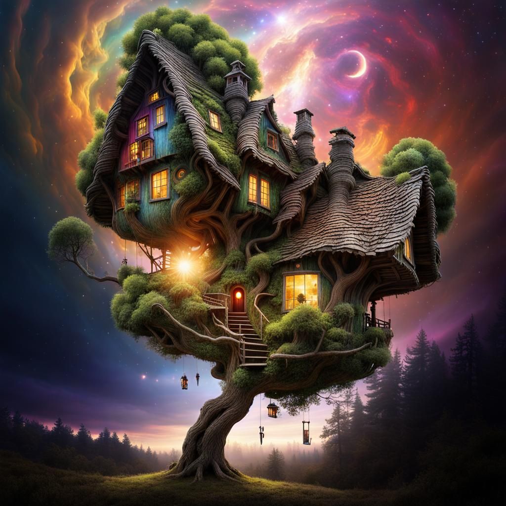 Magical Butterfly Treehouse in Nebula Sky