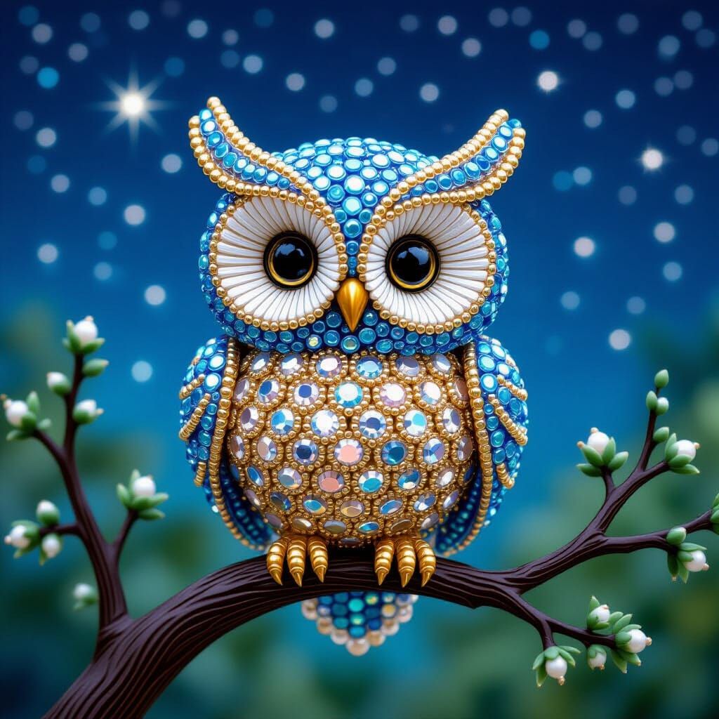 Beaded Owl Under Starry Sky in Pop Surrealism Style