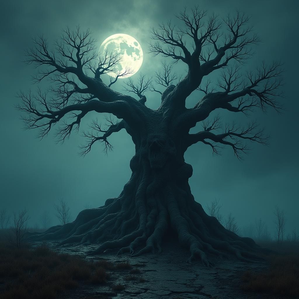 Macabre Skull Tree in Eerie Moonlit Landscape