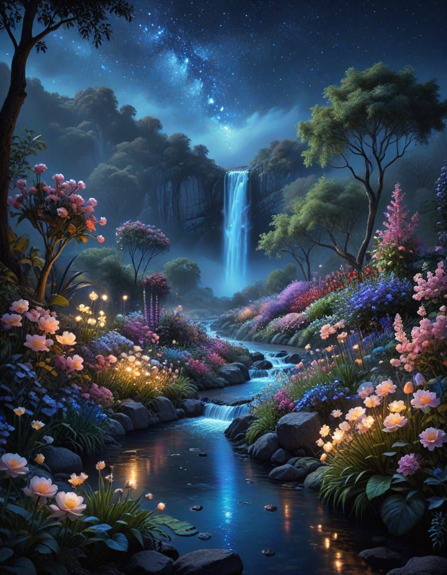 Paradise Valley Garden at Night with Waterfall