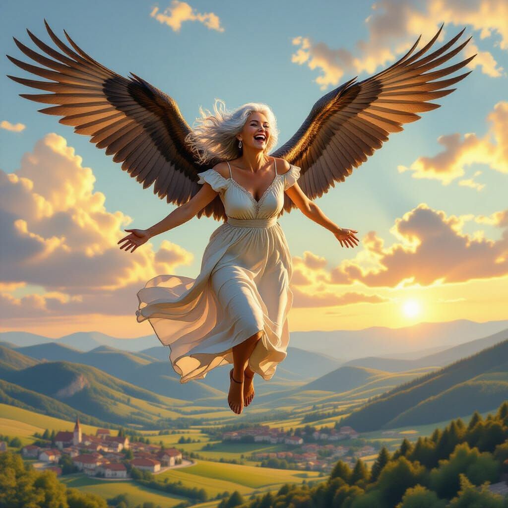 Woman Soaring on Griffin in Photorealistic Style