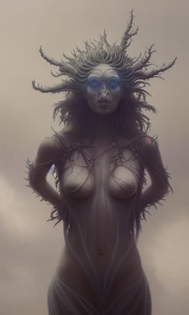 Bioluminescent Deity in Decaying Landscape, Digital Art