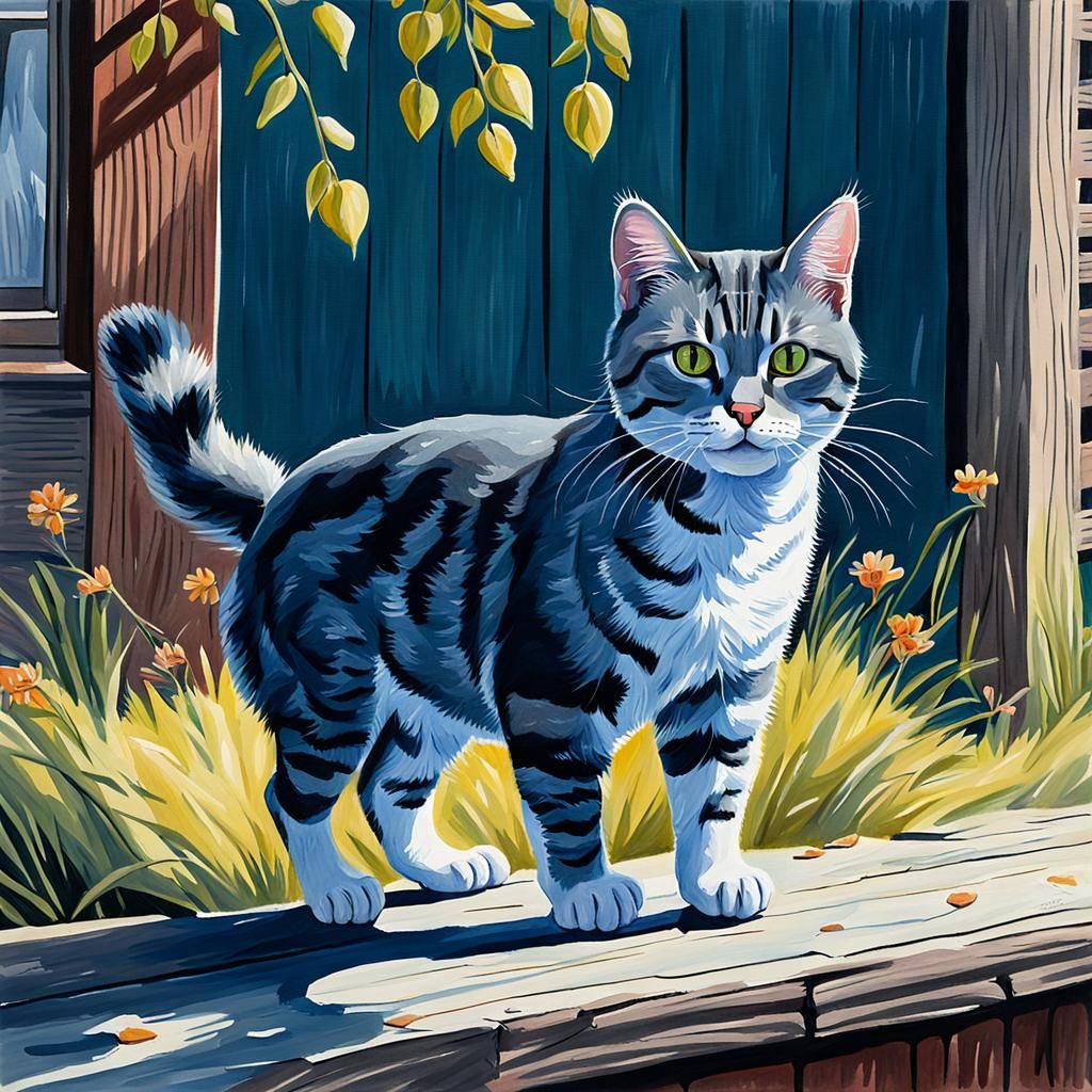 Detailed Gouache Painting of a Cat Outside
