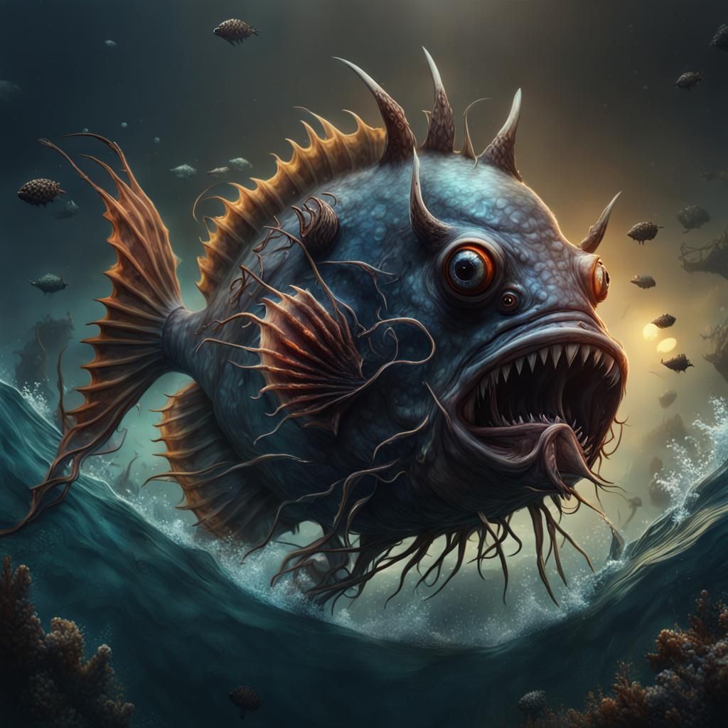 Evil Angler Fish Underwater Attack: Detailed Digital Paintin...
