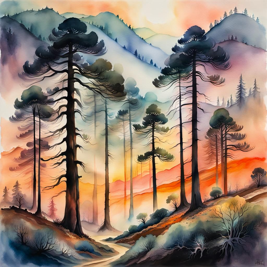 Surreal Sequoia Forest in Dreamlike Watercolor