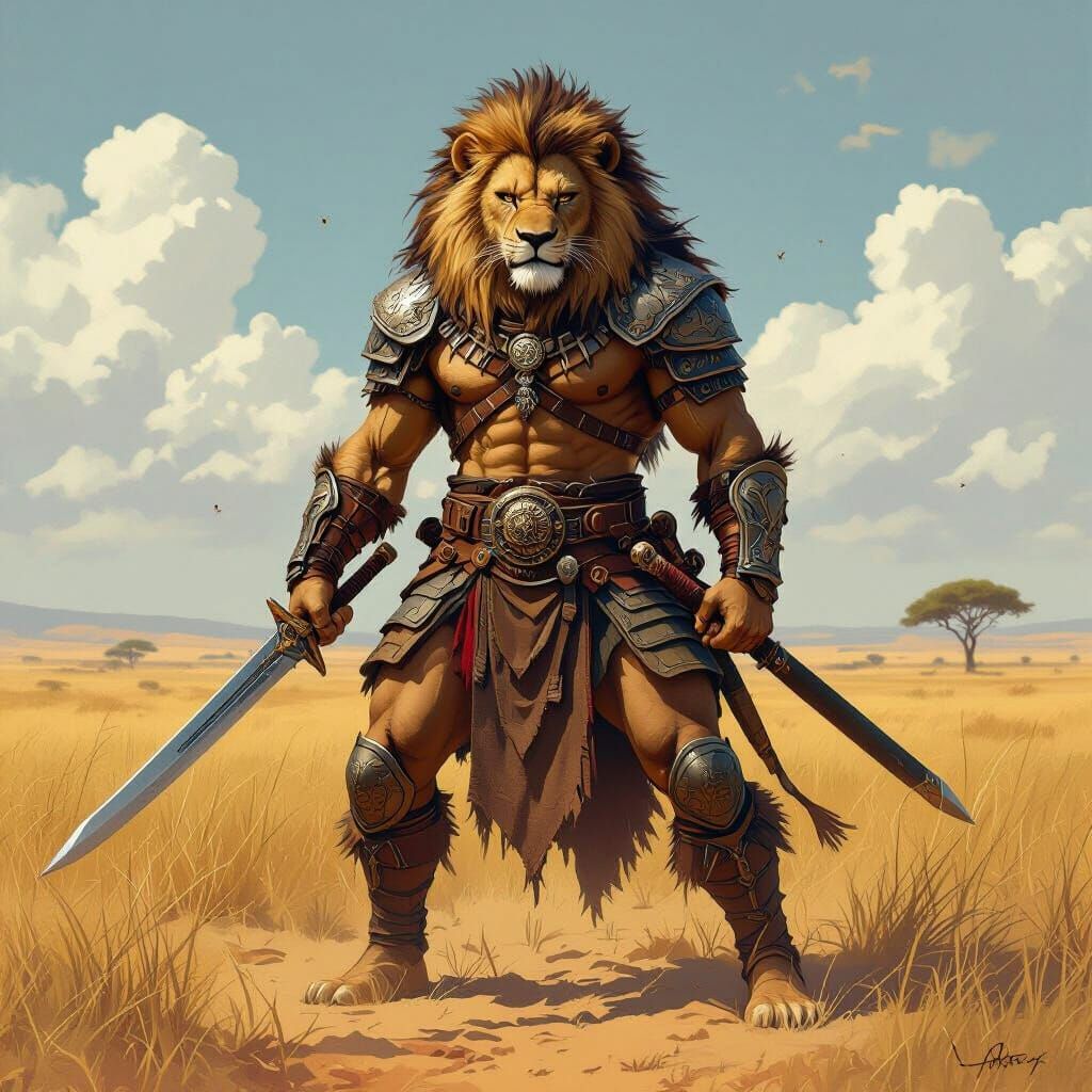 Lion Warrior on Serengeti Plains in Frazetta Style