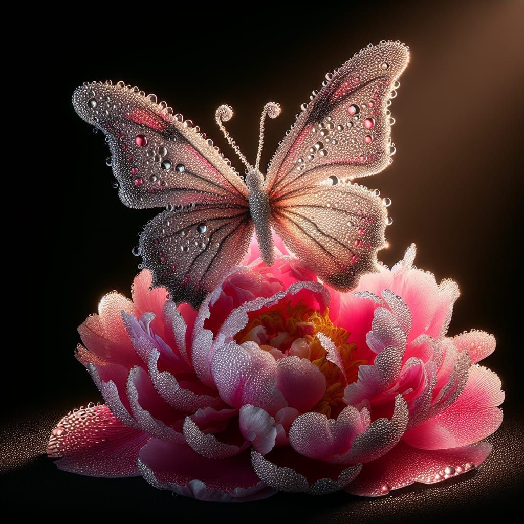 Dewdrop Butterfly on Peony Flower Close-Up