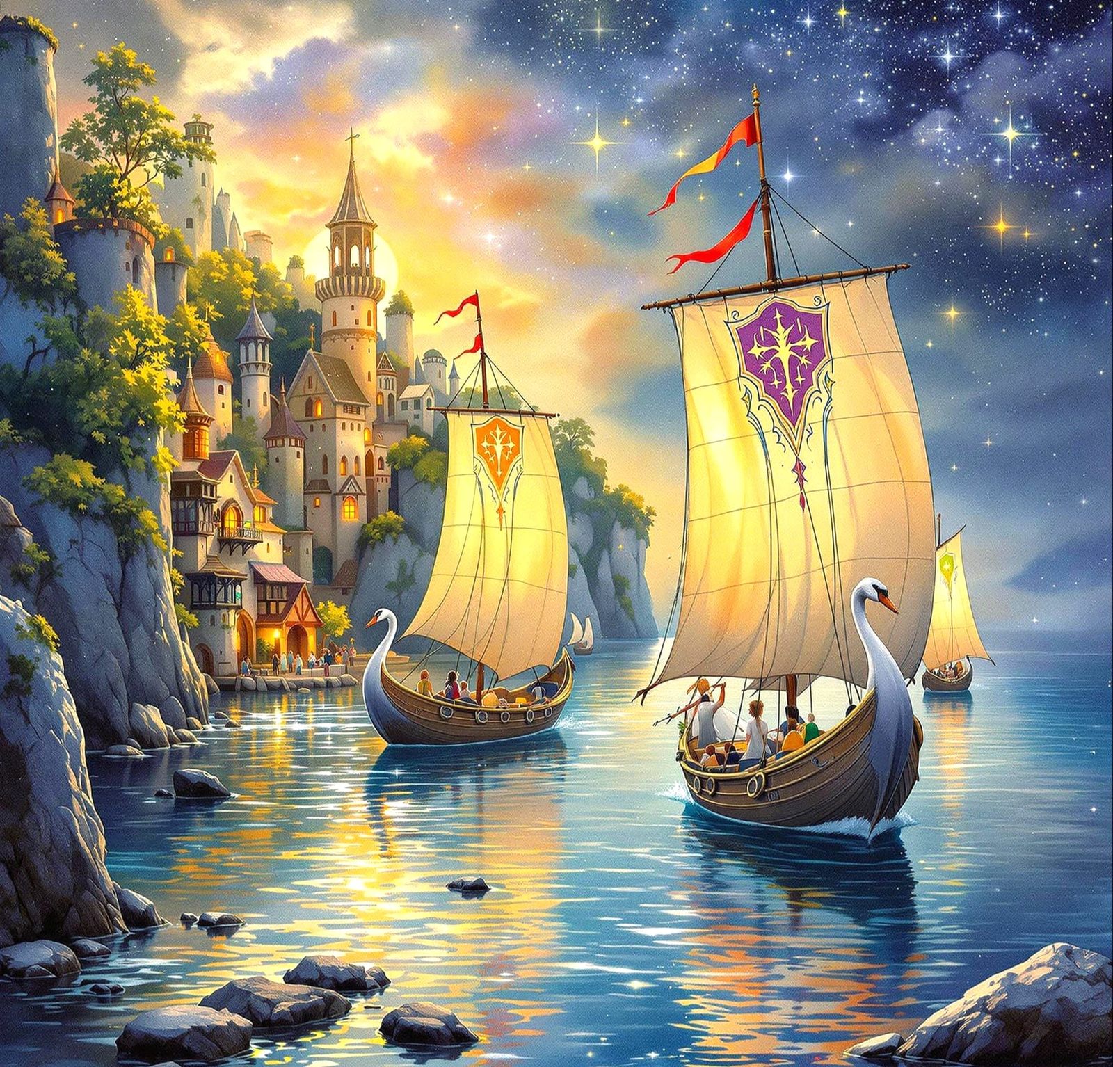 Ethereal Elvish Harbour Village in Mystical Middle Earth Sty...