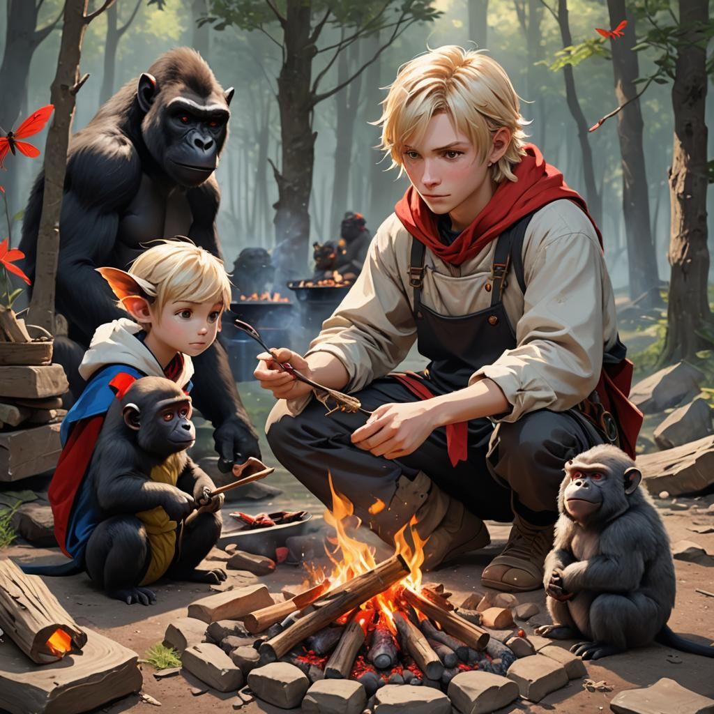 Wizard and Familiars: 3D Anime Campfire Scene