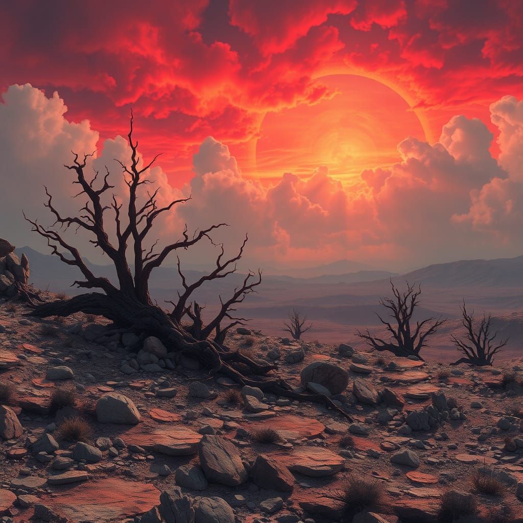 Desolate Landscape Under a Fire Red Sky