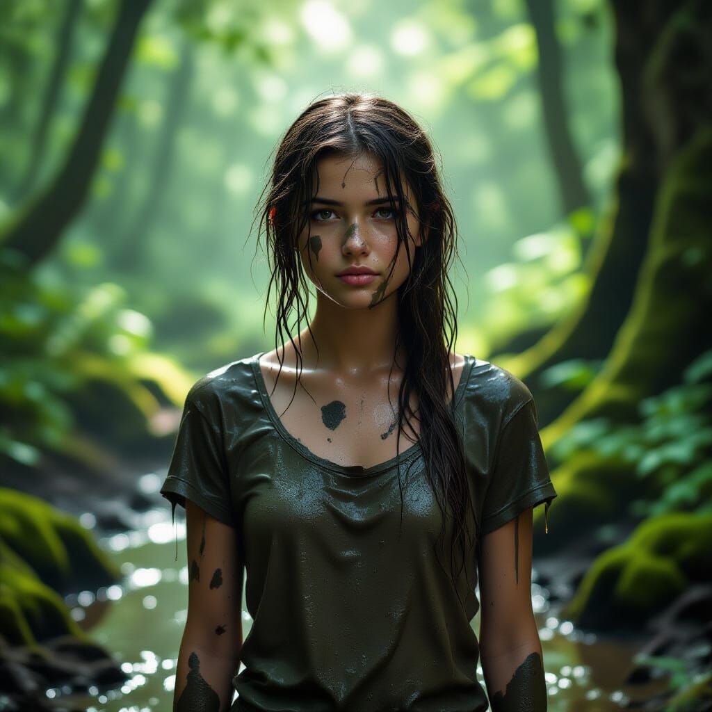 Teenage Girl Covered in Mud in Sunlit Forest Clearing