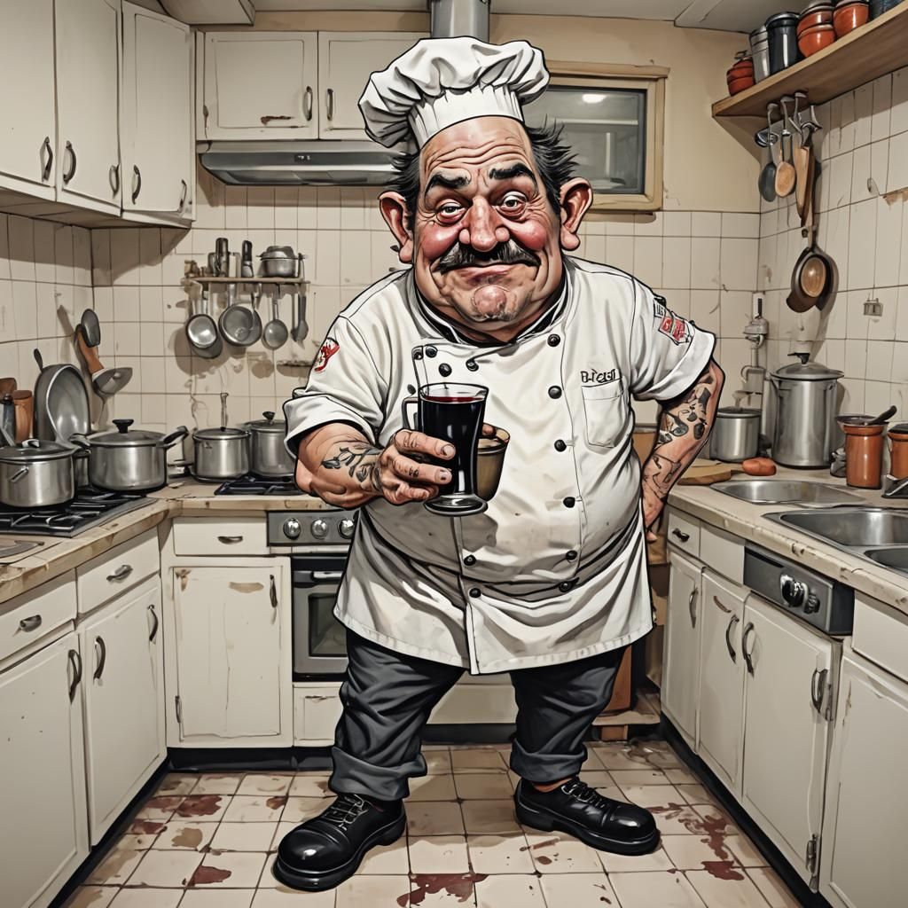 Comical Caricature of an Old Chef in Kitchen