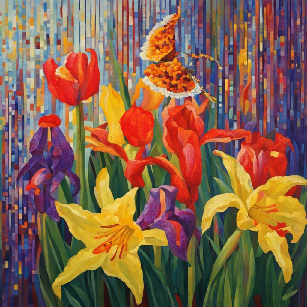 Seurat, Klimt, pixelated, Pointalism, tiger lilies, daffodil...