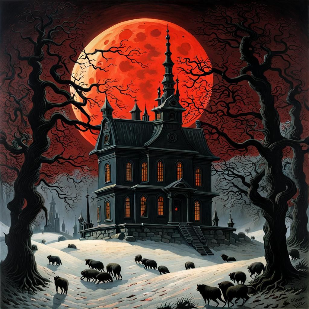 "Blood moon Haunted house with graveyard" by Caspar David Friedrich