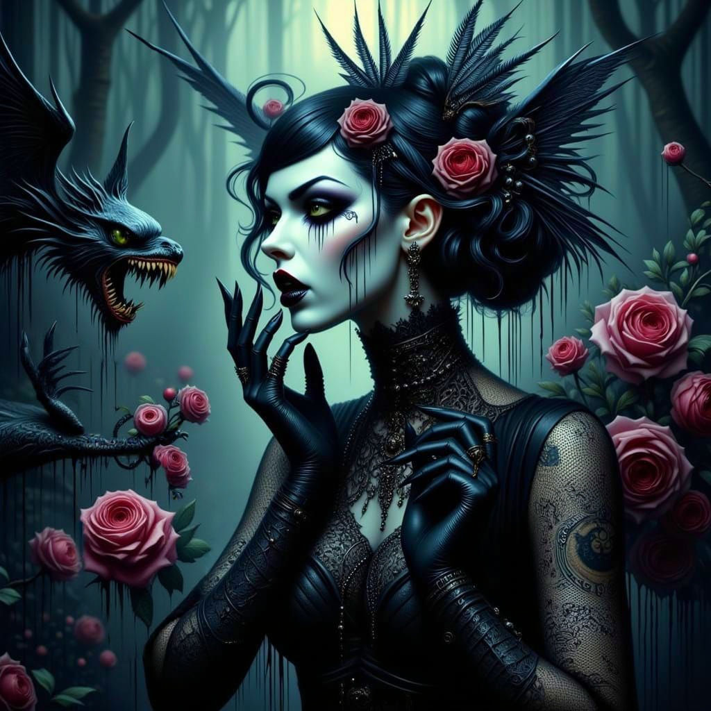 Surreal Beauty: Romantic Goth Woman in Splendid Horror Makeu...