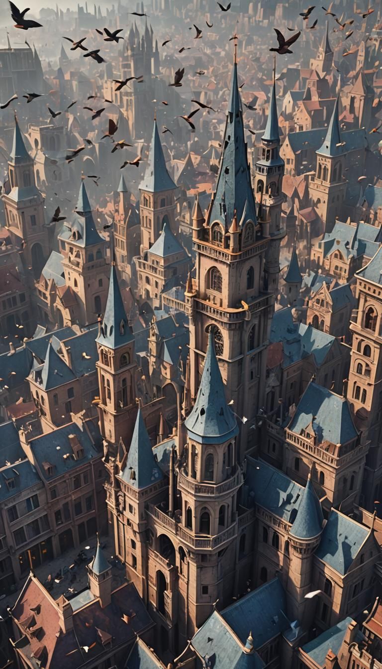 City of Spires with Birds in Overcast Sky