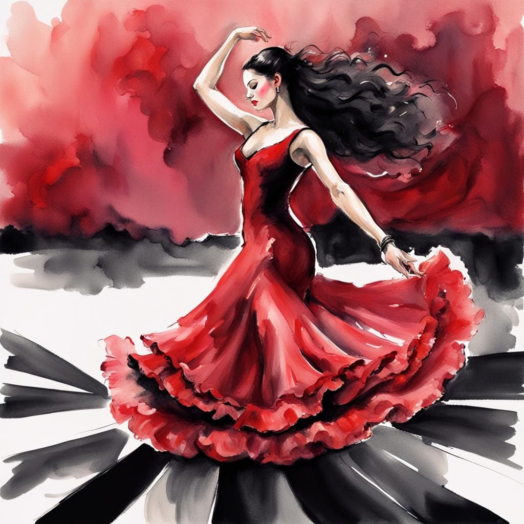 Beautiful Spanish Flamenco Dancer in Watercolor Style