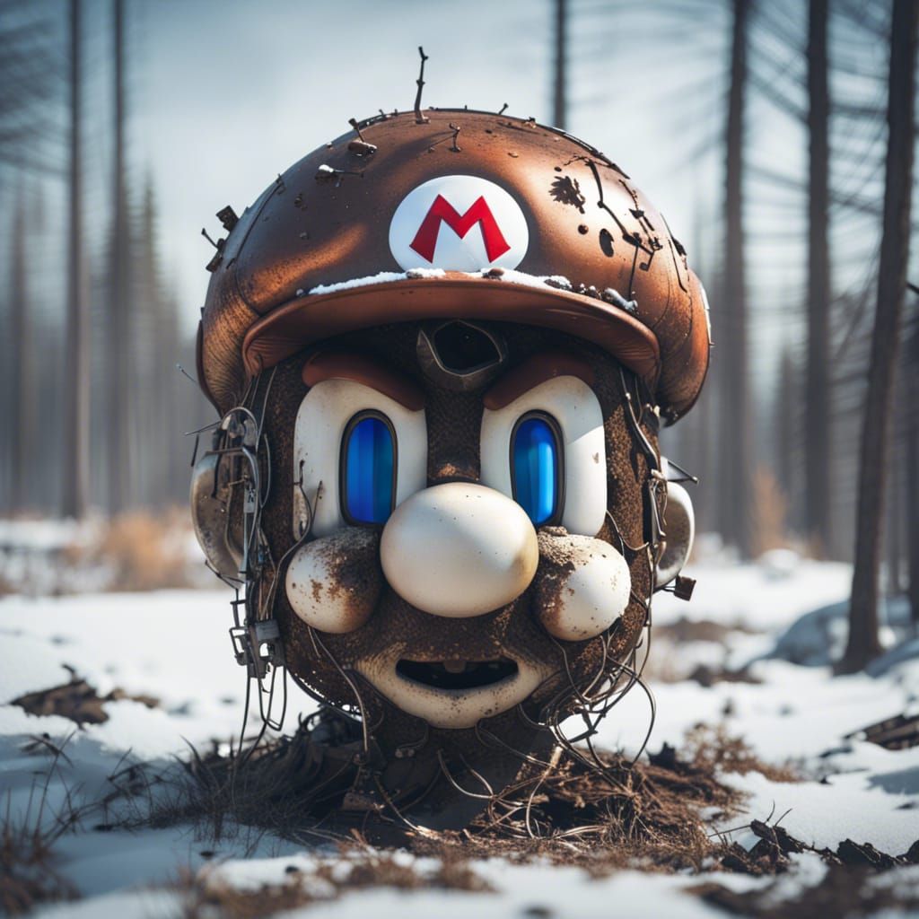 Apocalyptic Mario Animatronic Head in Surreal Desert