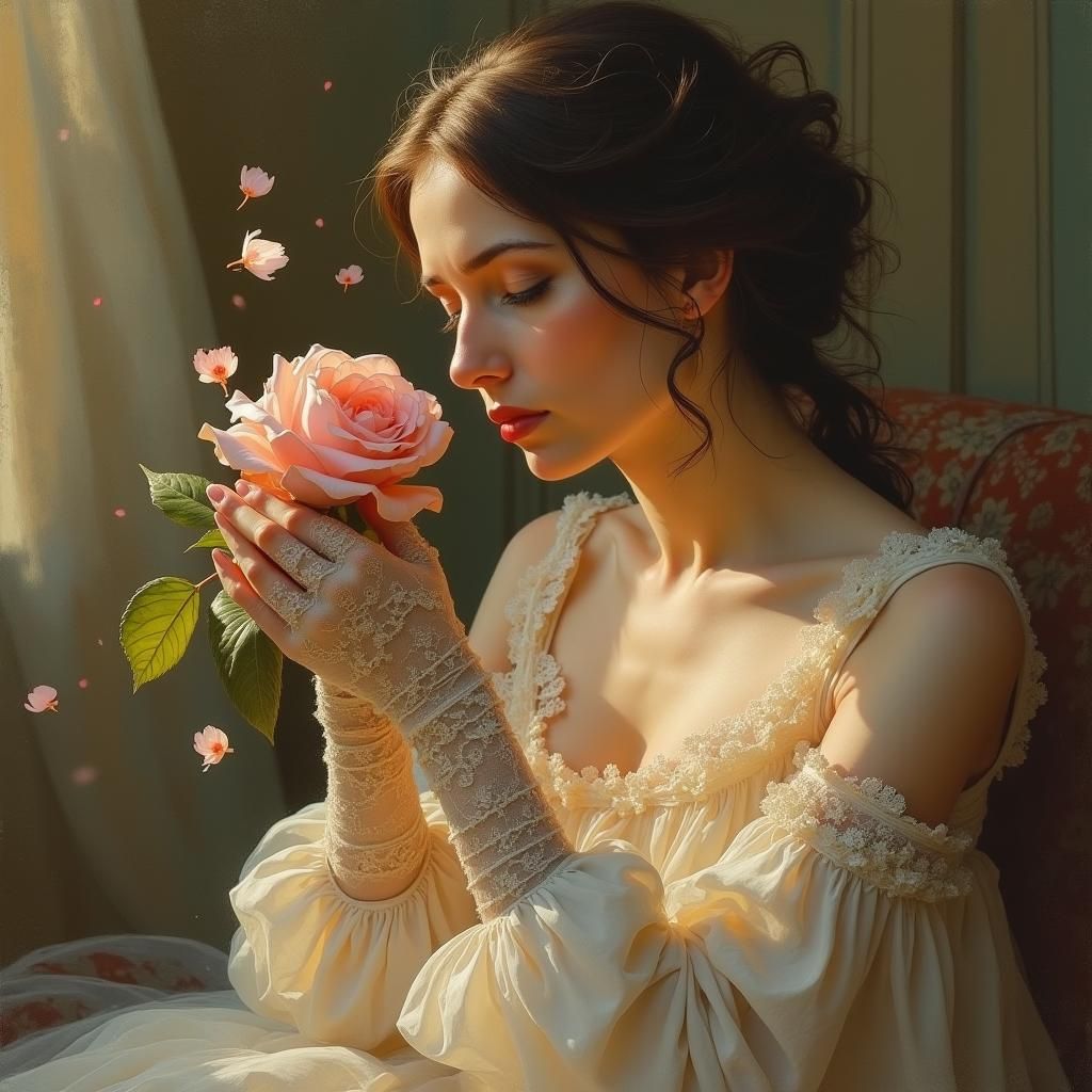 Heartbroken Woman with Rose, Impressionist Oil Painting