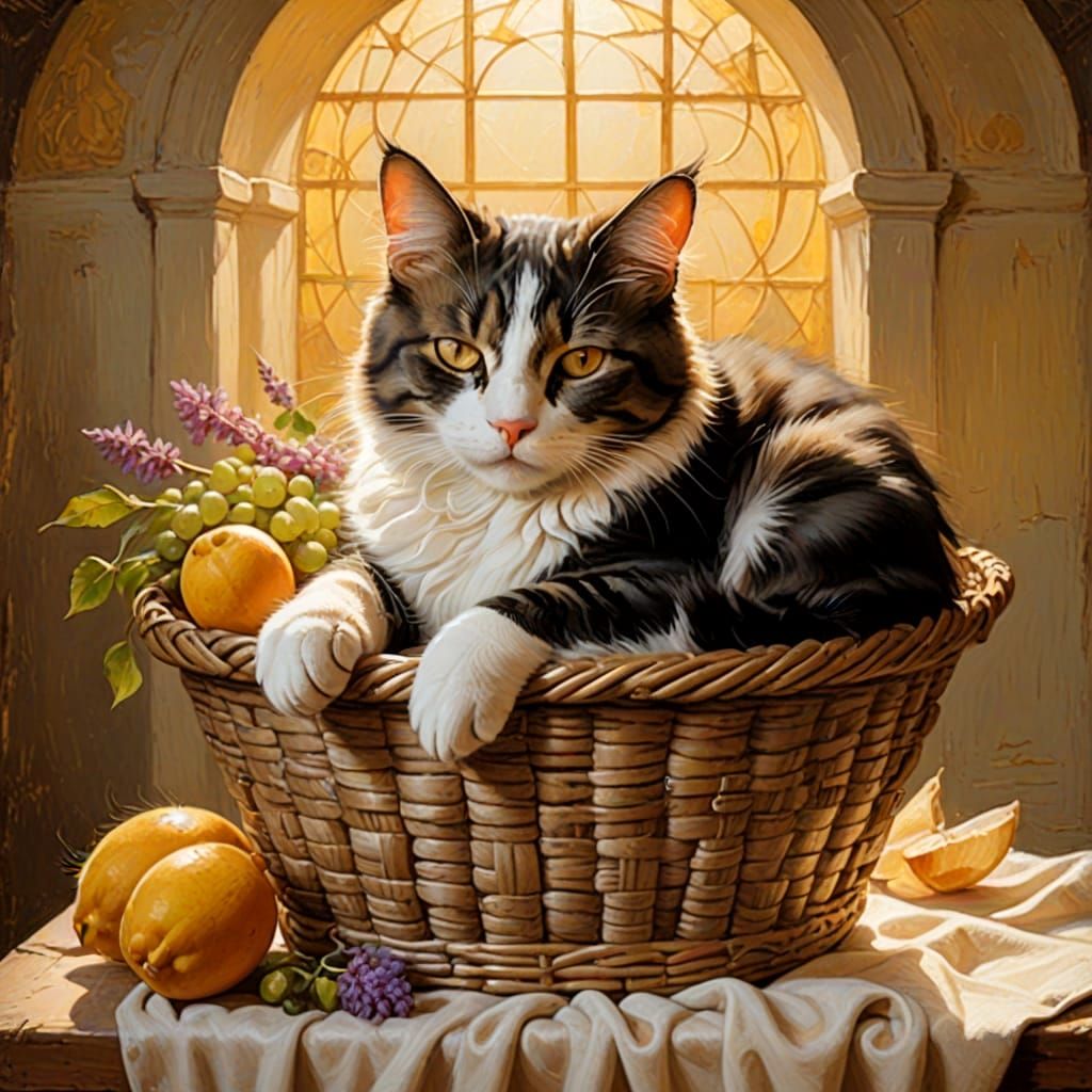 A Regal Cat Rests in a Sunlit Basket