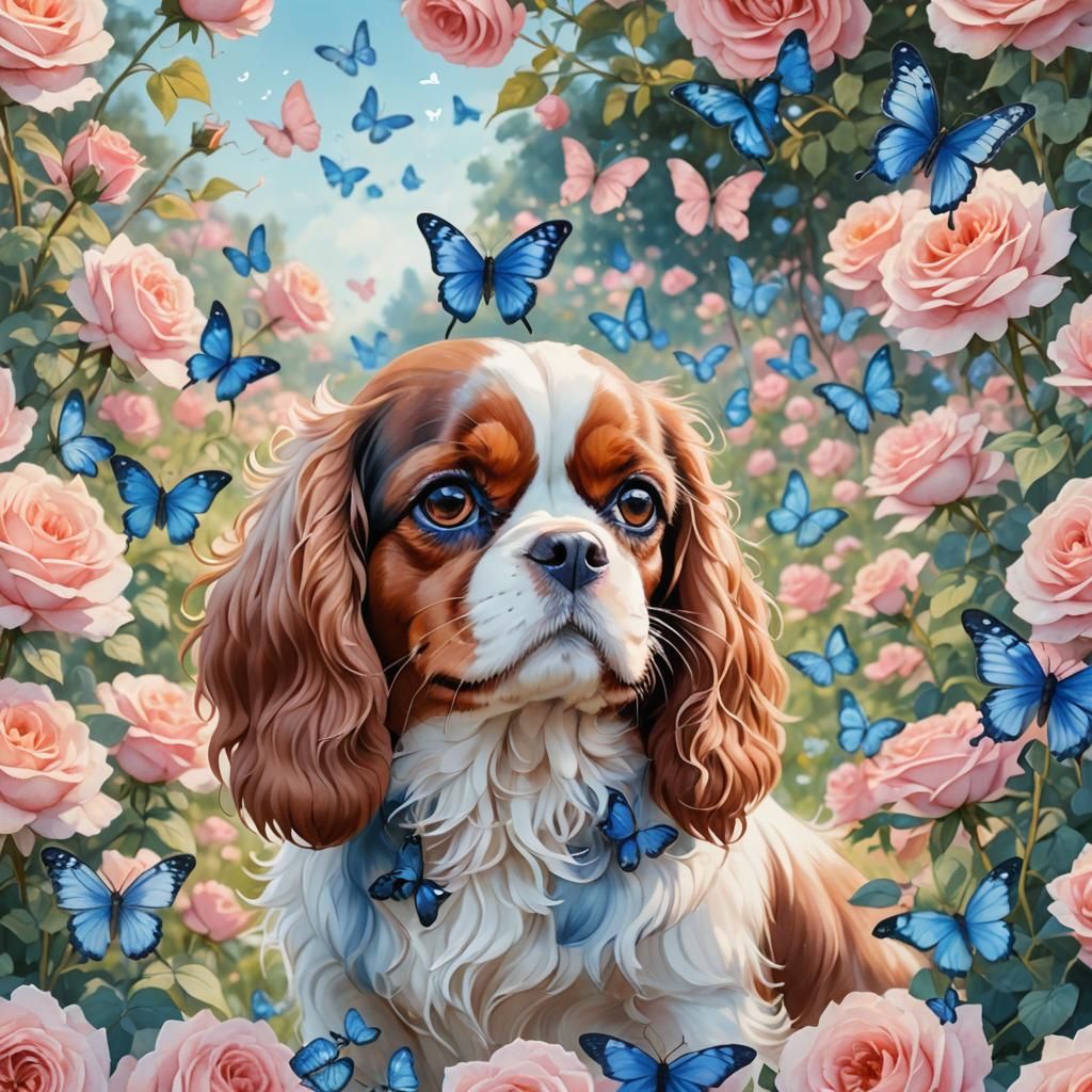 King Charles Spaniel in Anime Rose Garden