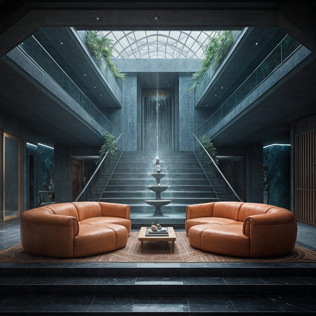 Modern Boho Chic Living Room with Waterfall Fountain