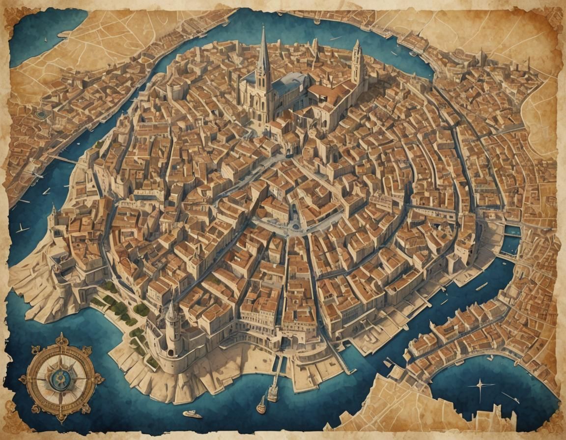 Stylized Fantasy Map of Marseille