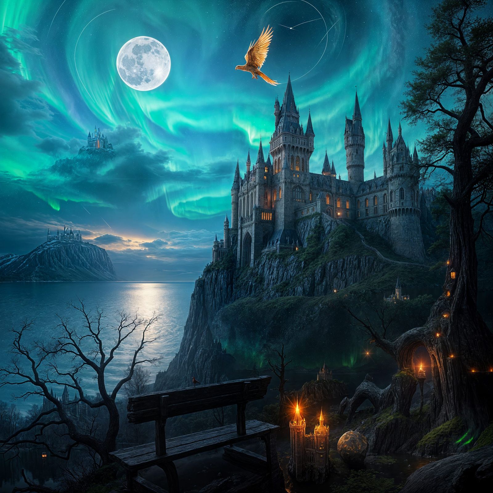 Hyperrealistic Hogwarts Castle Under Aurora Borealis