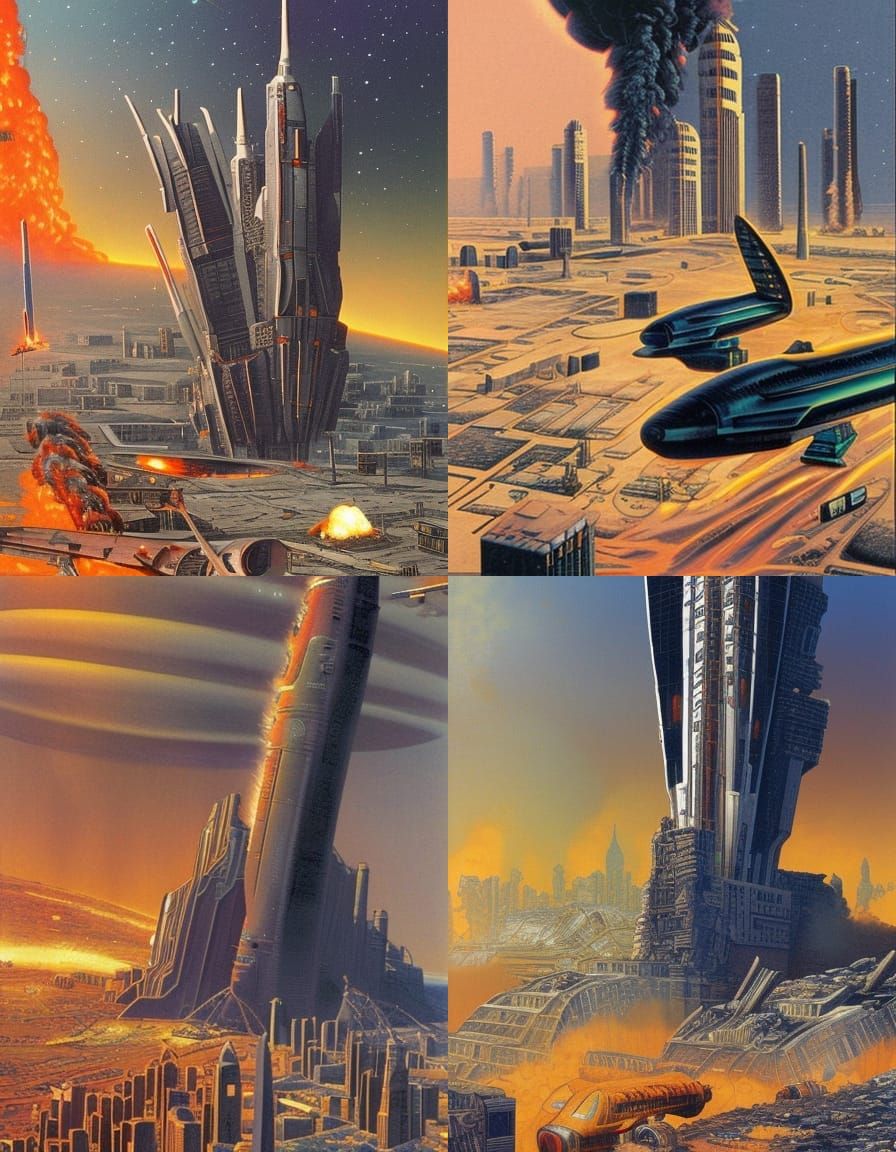 Retrofuturism war cityscape