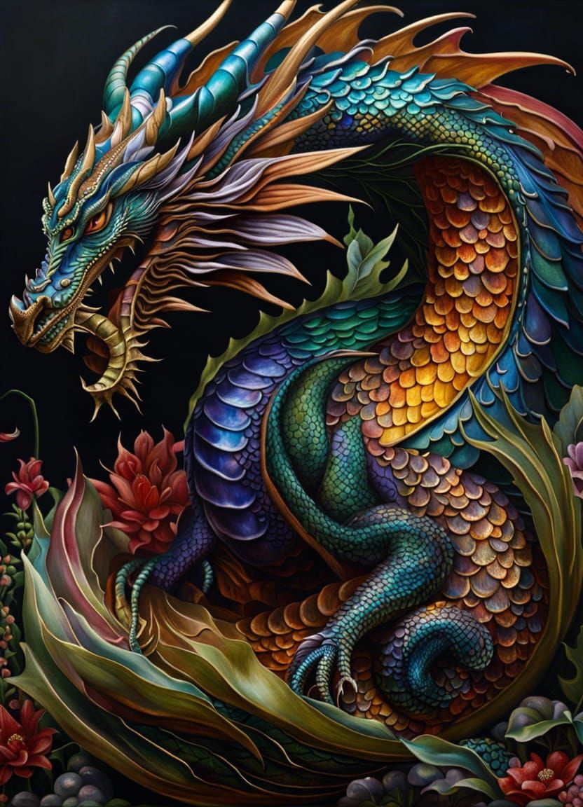 Hyperrealistic Dragon Protecting Treasure in Rain