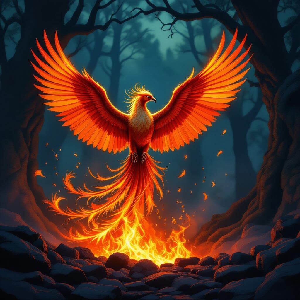 Majestic Phoenix Rises from Embers in Fantasy Forest