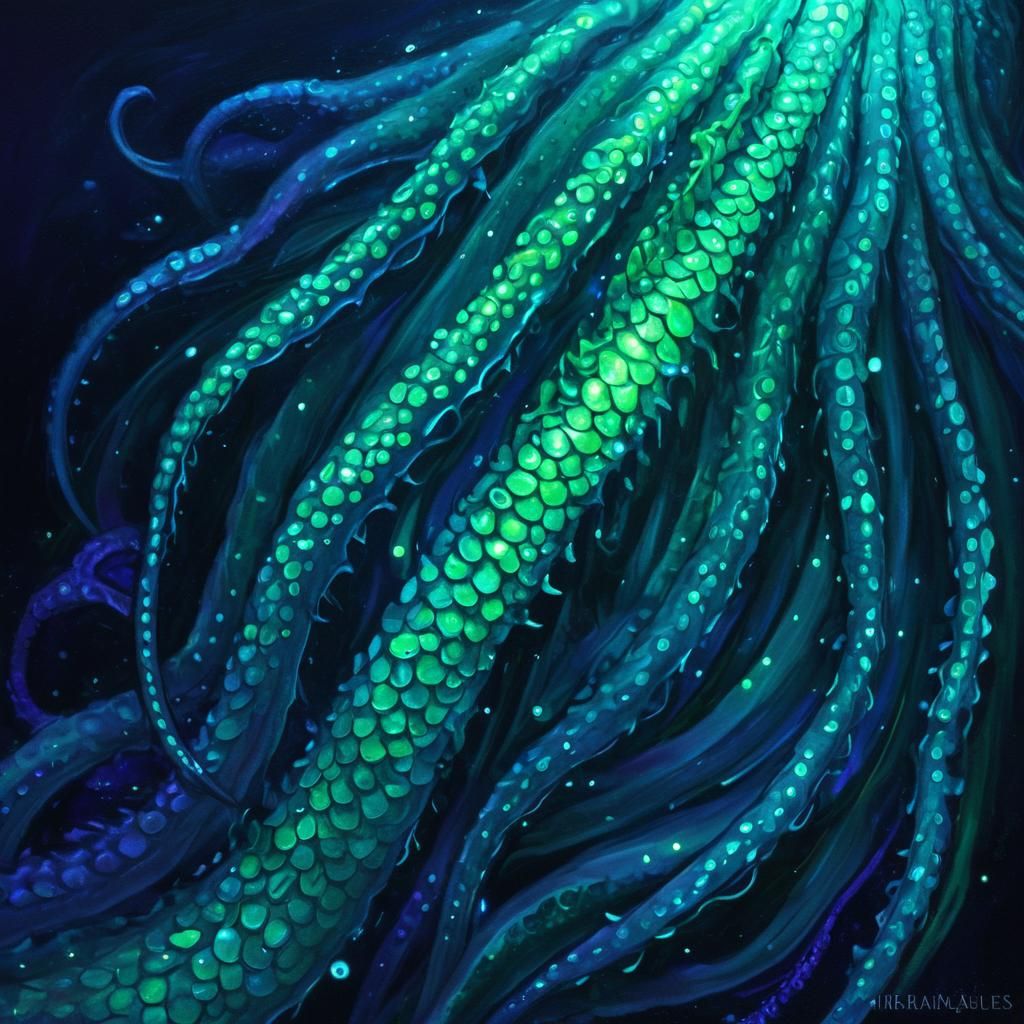 Bioluminescent Creatures in Mariana Trench: Digital Painting