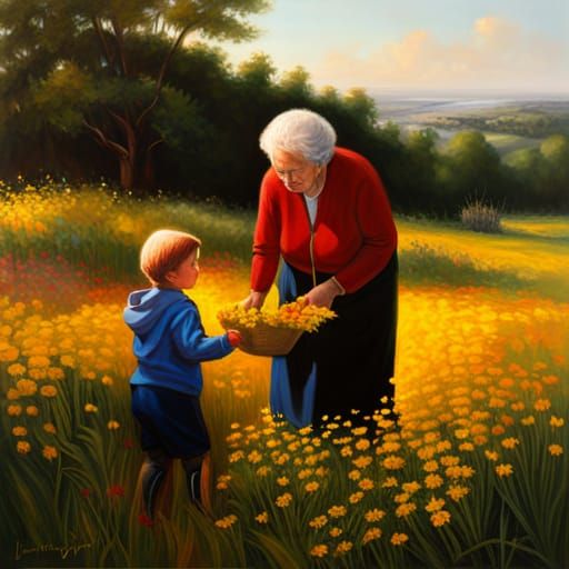Grandmother and Grandchild Wildflower Oil Painting