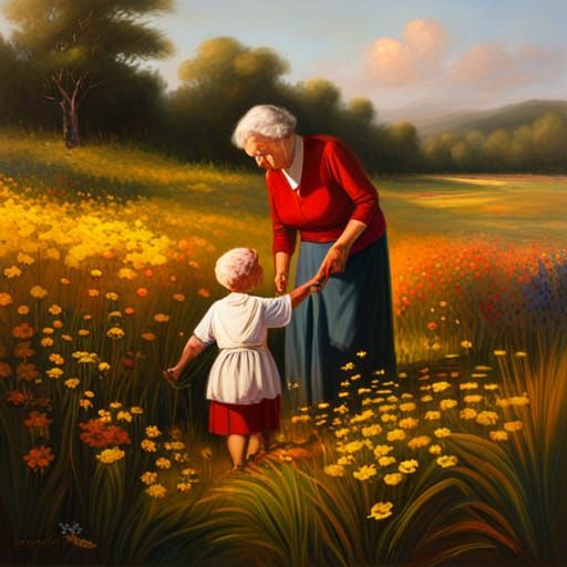 Grandmother and Grandchild Picking Wildflowers as Detailed O...