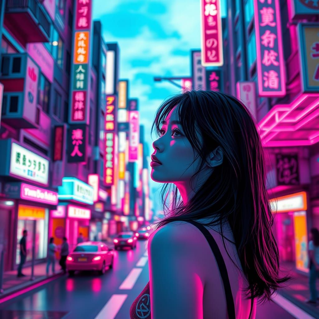 Vibrant Tokyo Streetscape at Dusk in Neon Color