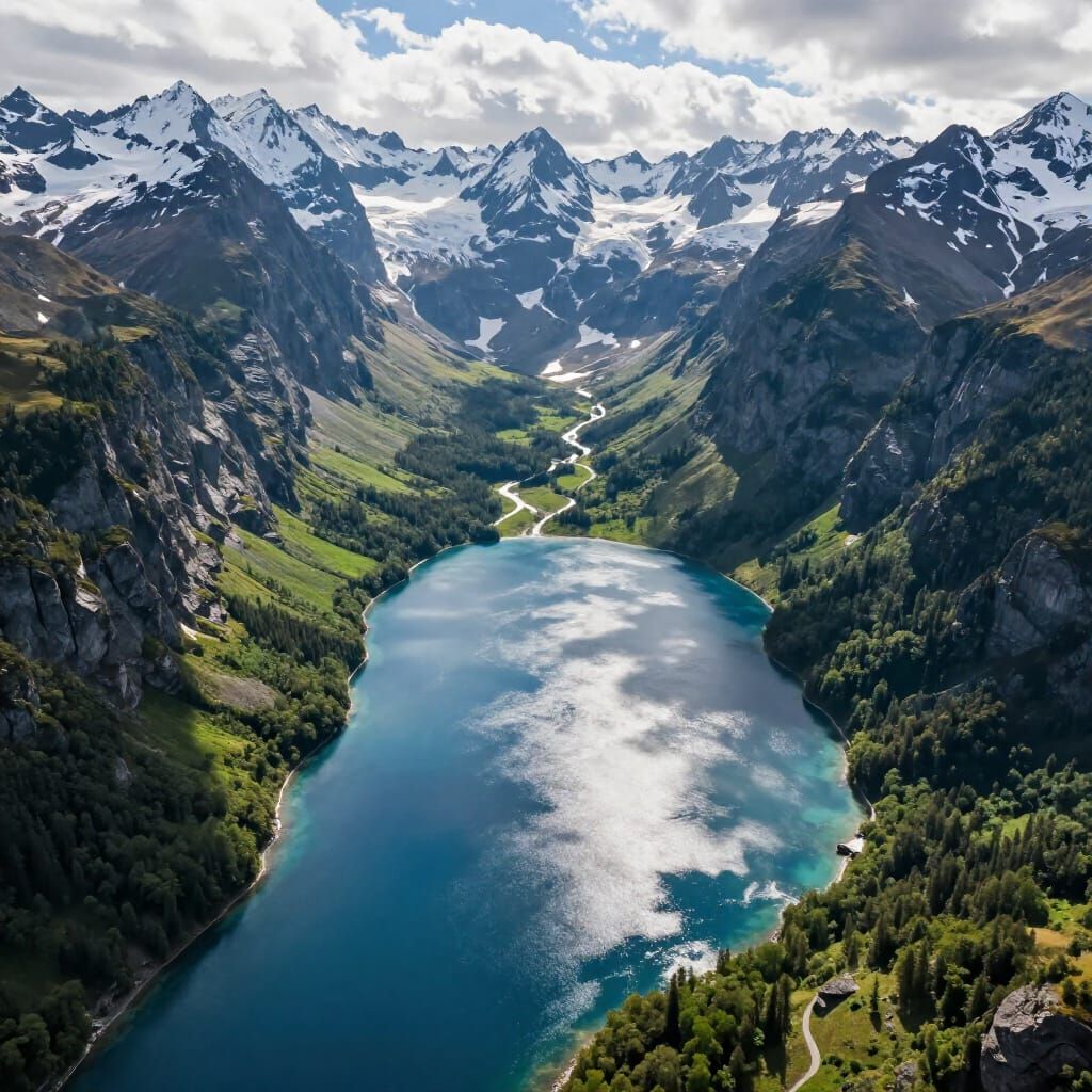 Aerial Drone View of Majestic Snow-Capped Mountains and Blue...
