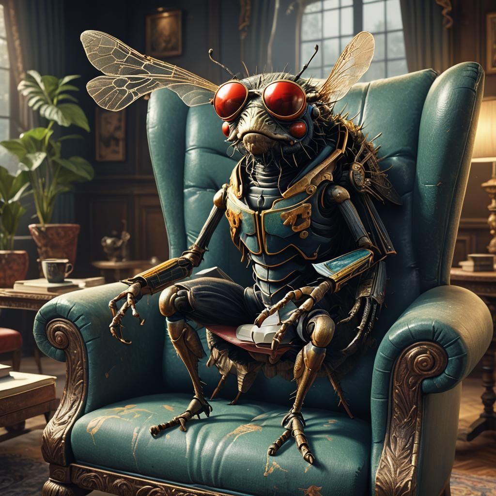 Fly Reading 'Lord of the Flies' in Living Room