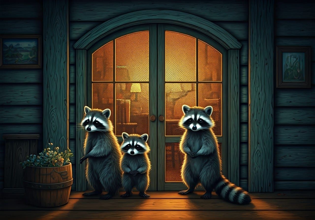 Raccoons at Screen Door in Whimsical Illustration