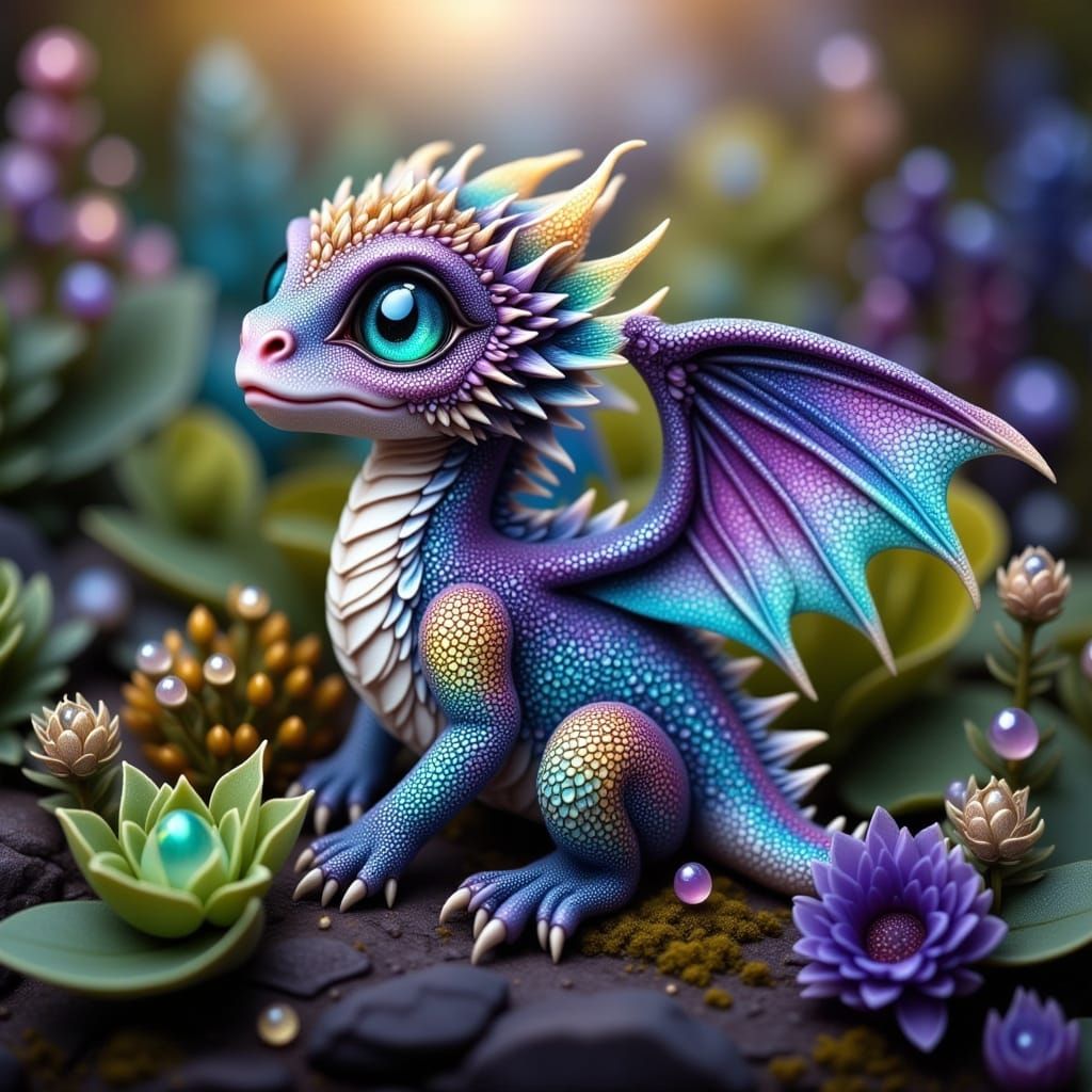 Iridescent Baby Dragon in Misty Glade
