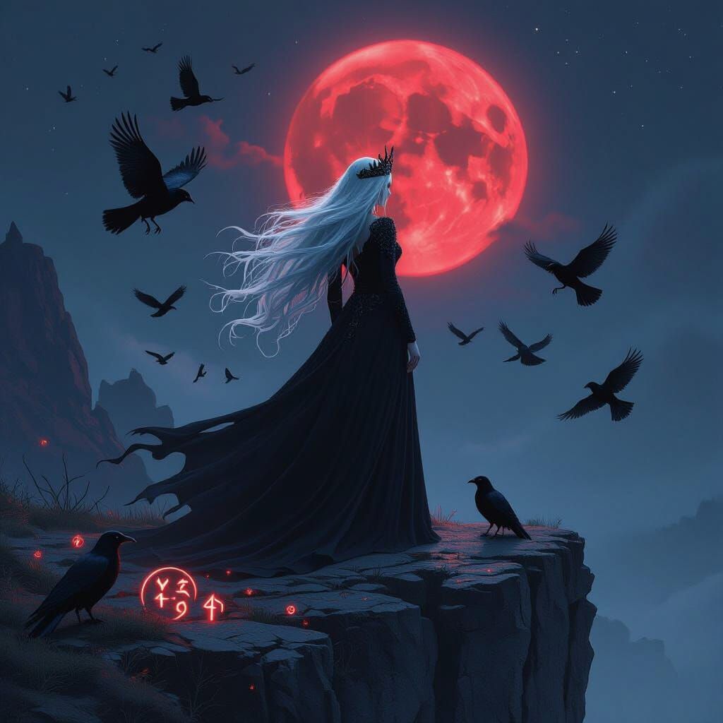 Mystical Dark Queen on Cliff with Ravens
