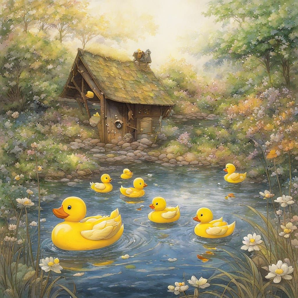 Whimsical Rubber Duck Family in a Serene Pond Scene