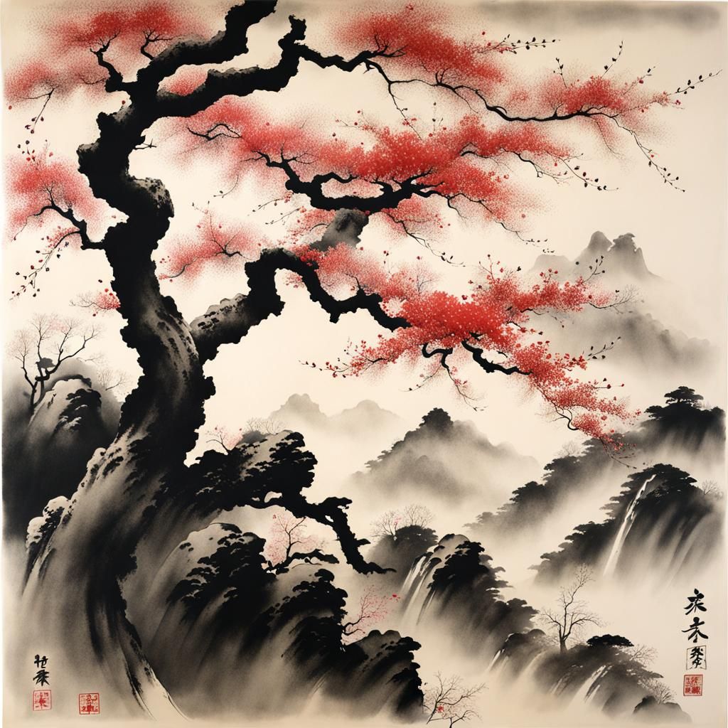 Sakura Tree in Japanese Sumi-e Ink Style