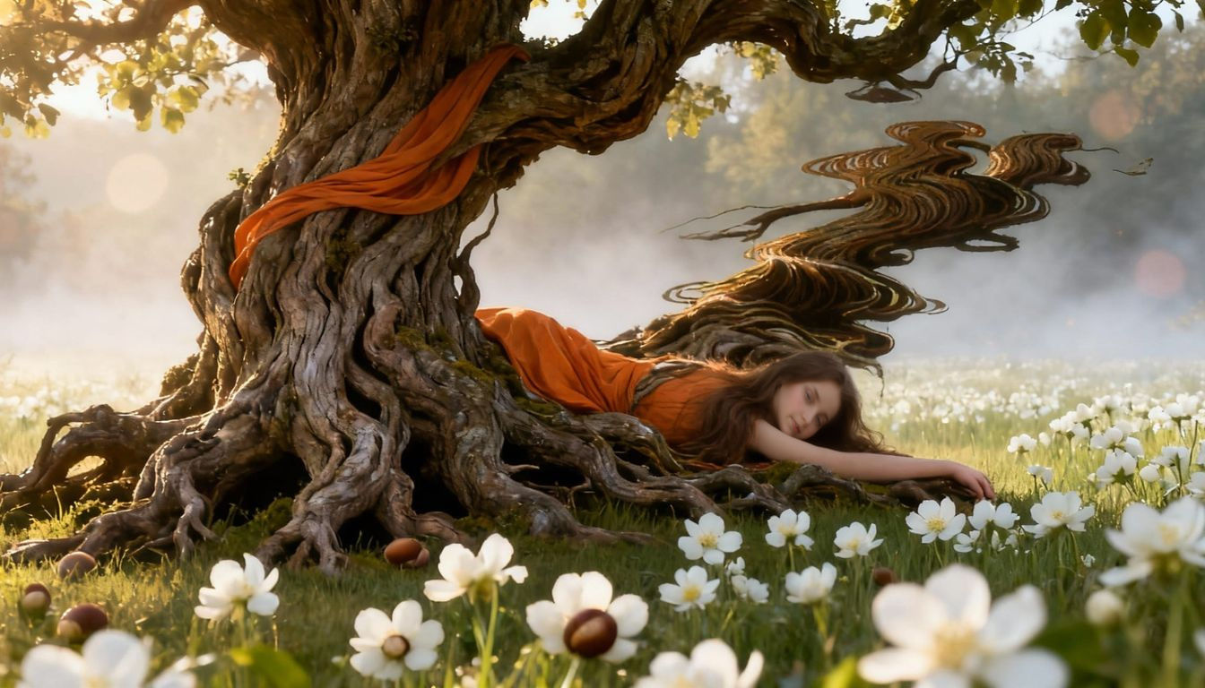Girl Transformed into Chestnut Tree Root in Ethereal Meadow